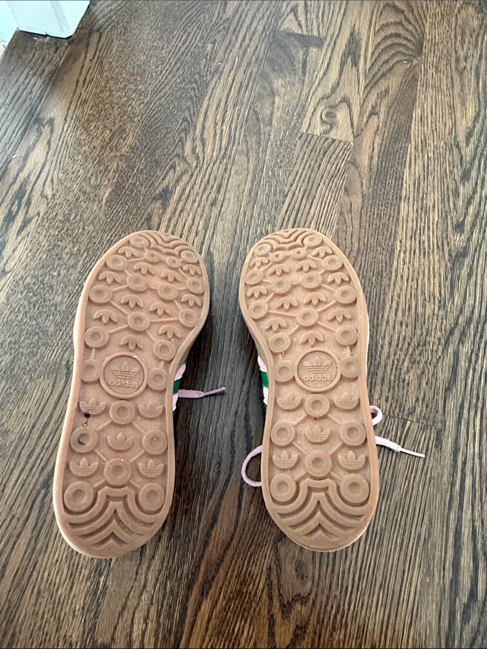 Adidas Pink Suede Sneakers with Green Stripes and Gum Sole - Picture 4 of 4